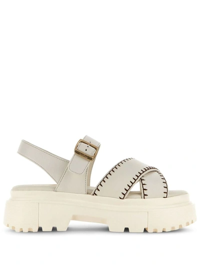 Shop Hogan White And Brown Leather Sandals