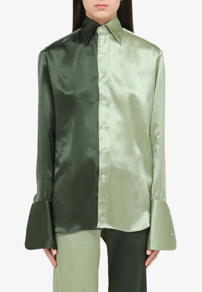 Shop Woera Color-block Button Up Silk Shirt In Green
