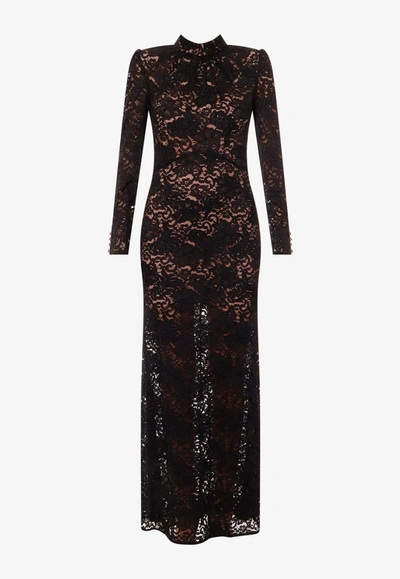 Shop Self-portrait Cord Lace Long-sleeved Maxi Dress In Black