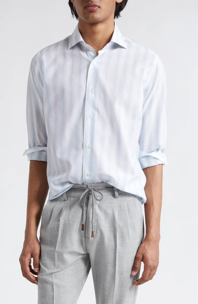 Shop Eleventy Stripe Cotton & Linen Button-up Shirt In Baby Blue