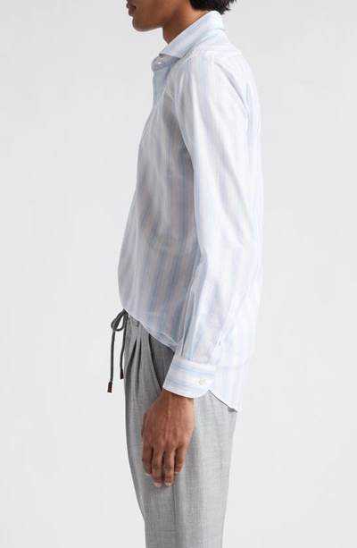 Eleventy Stripe Cotton & Linen Button-up Shirt In Baby Blue