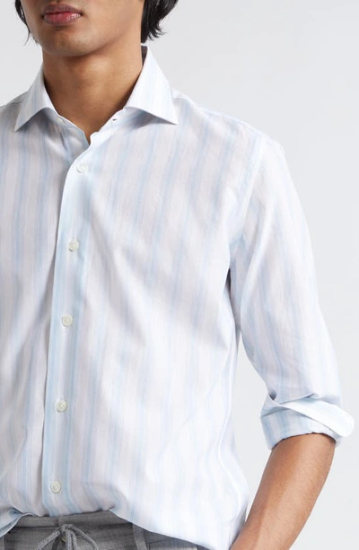 Eleventy Stripe Cotton & Linen Button-up Shirt In Baby Blue
