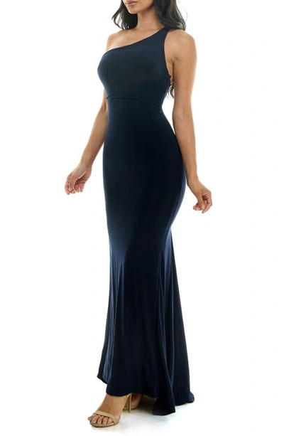 Shop Jump Apparel Strappy One-shoulder Trumpet Gown In Navy