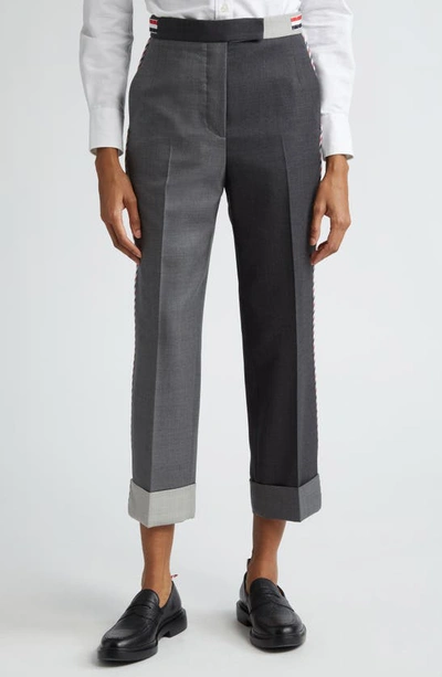 Shop Thom Browne Fun-mix Contrast Panel Cuff Hem Wool Trousers In Dark Grey