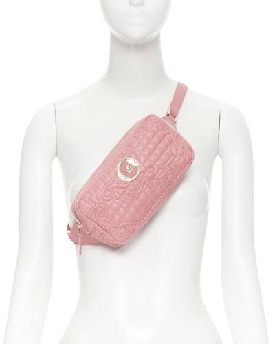 Shop Versace New  Vanitas Barocco Pink Quilted Leather Gold Medusa Crossbody Waist Bag
