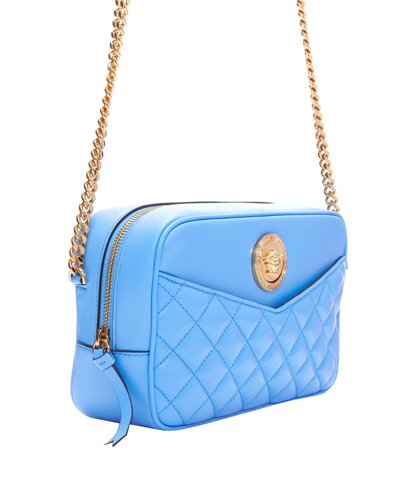 Shop Versace New  Blue Lambskin Leather Quilted Gold Medusa Chain Crossbody Bag Medium