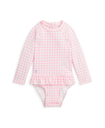 Shop Polo Ralph Lauren Baby Girls Gingham Ruffled One Piece Rash Guard Swimsuit In Carmel Pink Gingham With Blue Hyacinth