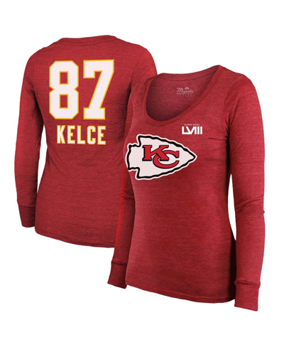 Shop Majestic Women's  Threads Travis Kelce Red Kansas City Chiefs Super Bowl Lviii Scoop Name And Number