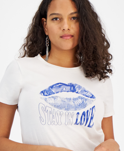 Shop Guess Women's Lips Graphic Embellished T-shirt In Muted Stone