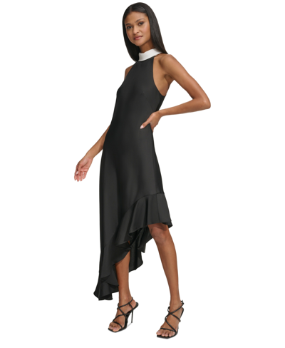 Shop Karl Lagerfeld Women's Satin Crepe Asymmetrical-hem Midi Dress In Black Soft White
