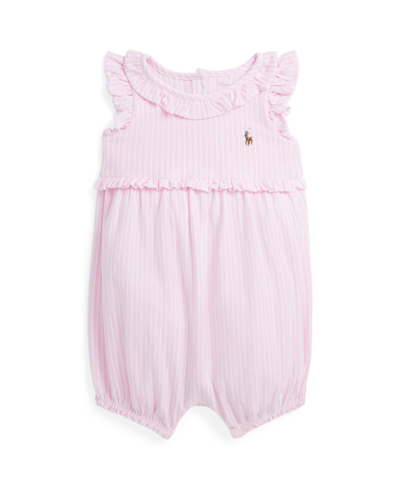 Shop Polo Ralph Lauren Baby Girls Striped Knit Oxford Bubble Shortall In Carmel Pink Multi