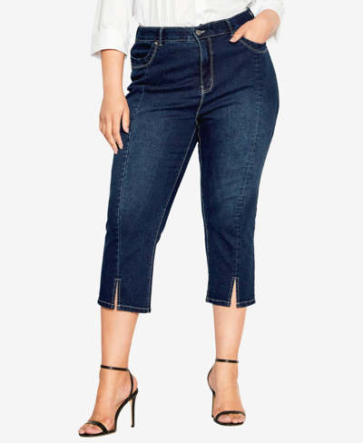 Shop Avenue Plus Size Slit Denim Capri Jeans In Dark Wash