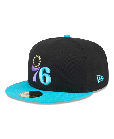 Shop New Era Men's  Black, Turquoise Philadelphia 76ers Arcade Scheme 59fifty Fitted Hat In Black,turquoise