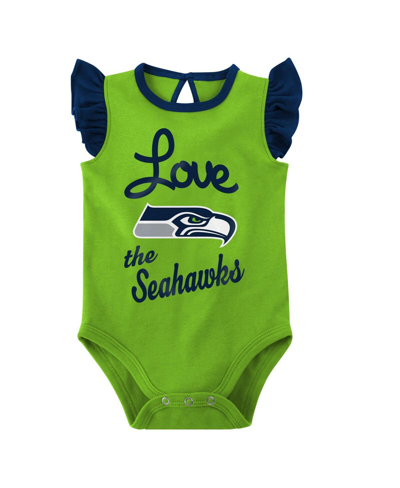 Outerstuff Baby Girls Navy, Neon Green Seattle Seahawks Spread The Love 2-pack Bodysuit Set In Navy,neon