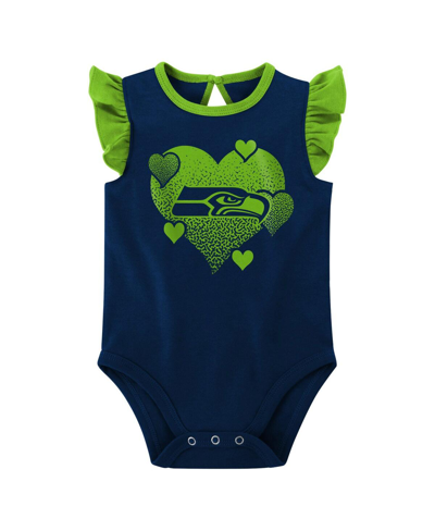 Outerstuff Baby Girls Navy, Neon Green Seattle Seahawks Spread The Love 2-pack Bodysuit Set In Navy,neon