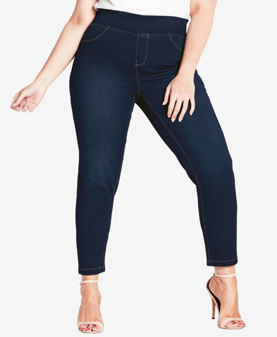 Shop Avenue Plus Size Butter Denim Pull On Tall Length Jeans In Dark Wash