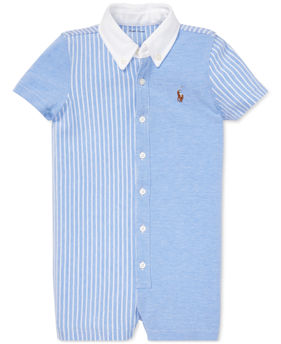 Shop Polo Ralph Lauren Baby Boys Knit Oxford Cotton Shortall In Harbor Island Blue,white