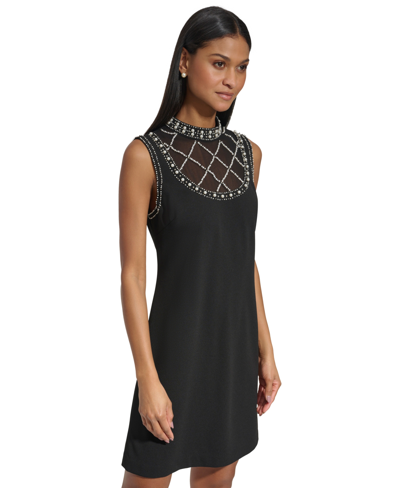 Shop Karl Lagerfeld Women's Scuba Crepe A-line Imitation Pearl-embellished Dress In Black