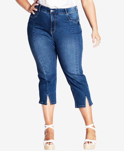 Shop Avenue Plus Size Slit Denim Capri Jeans In Medium Wash