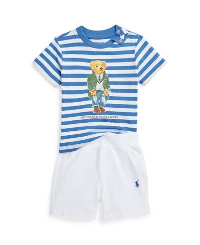 Shop Polo Ralph Lauren Baby Boys Polo Bear Cotton T Shirt And Mesh Shorts Set In New England Blue,white
