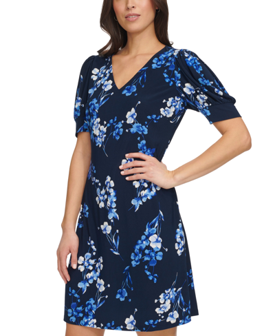 Shop Tommy Hilfiger Women's Wild Flower Puff-sleeve Dress In Sky Captain Multi