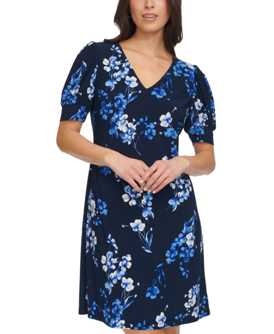 Shop Tommy Hilfiger Women's Wild Flower Puff-sleeve Dress In Sky Captain Multi