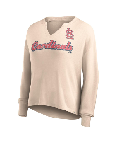 Shop Fanatics Women's  Cream Distressed St. Louis Cardinals Go For It Waffle Knit Long Sleeve Notch Neck T