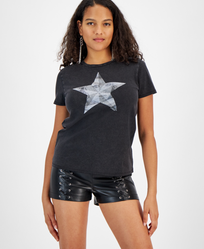 Shop Guess Women's Star Face Cotton Rhinestone-graphic T-shirt In Jet Black Multi