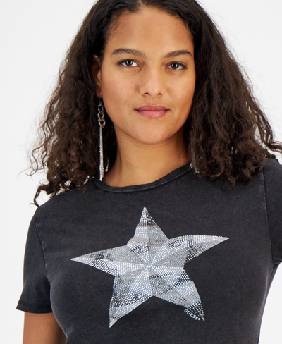 Shop Guess Women's Star Face Cotton Rhinestone-graphic T-shirt In Jet Black Multi