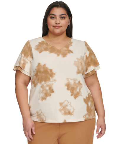 Shop Calvin Klein Plus Size Printed Double-tiered V-neck Top In Pristine,luggage