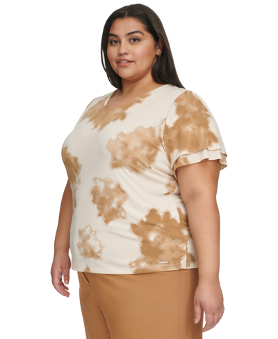 Shop Calvin Klein Plus Size Printed Double-tiered V-neck Top In Pristine,luggage