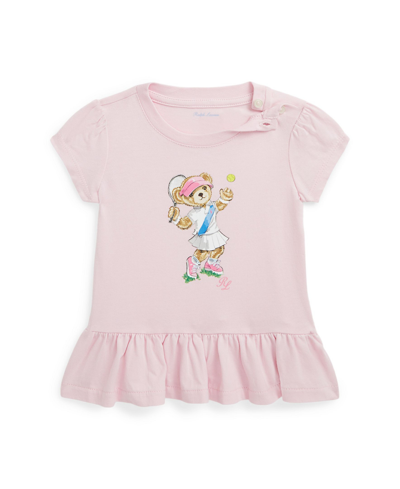 Shop Polo Ralph Lauren Baby Girls Polo Bear Cotton Jersey Peplum T Shirt In Hint Of Pink