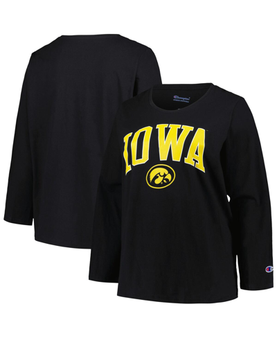 Profile Women's  Black Iowa Hawkeyes Plus Size Arch Over Logo Scoop Neck Long Sleeve T-shirt In Black