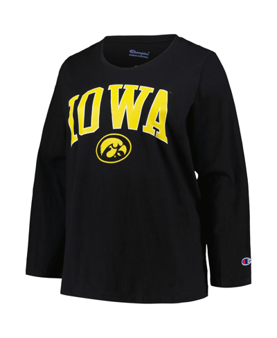 Shop Profile Women's  Black Iowa Hawkeyes Plus Size Arch Over Logo Scoop Neck Long Sleeve T-shirt