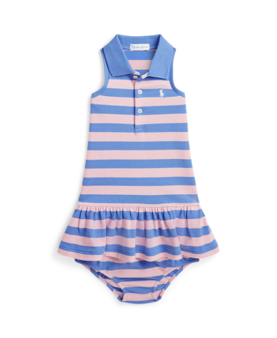 Shop Polo Ralph Lauren Baby Girls Striped Mesh Polo Dress In Garden Pink,harbor Island Blue