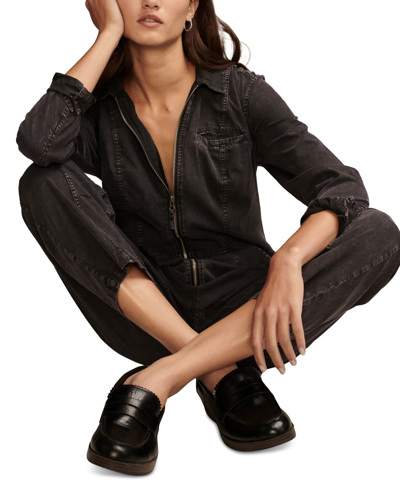 Shop Lucky Brand Women's Zip-front Denim Jumpsuit In Soft Black