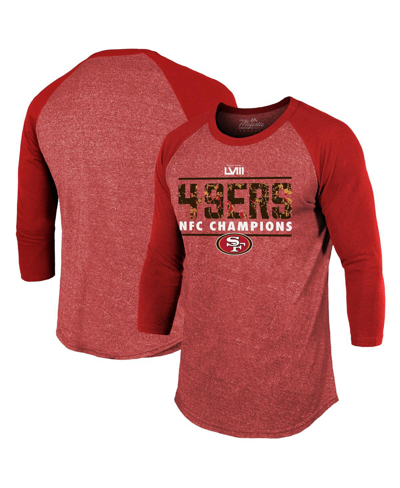 Majestic Men's  Threads Scarlet San Francisco 49ers 2023 Nfc Champions Tri-blend Raglan 3/4-sleeve T- In Scarlet