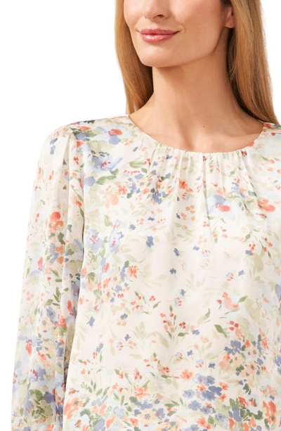 Shop Cece Floral Ruffle Cuff Charmeuse Top In Egret Ivory