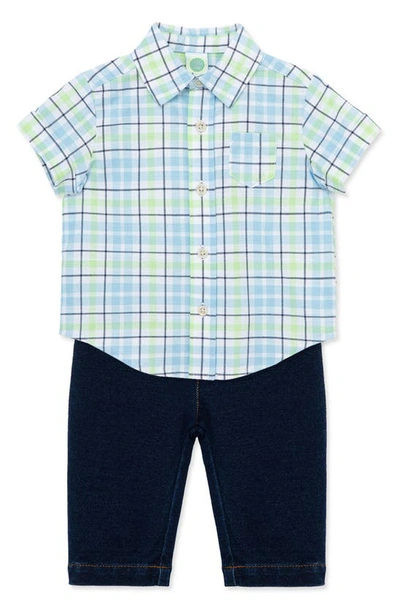 Shop Little Me Plaid Short Sleeve Button-up Shirt & Jeans Set In Blue