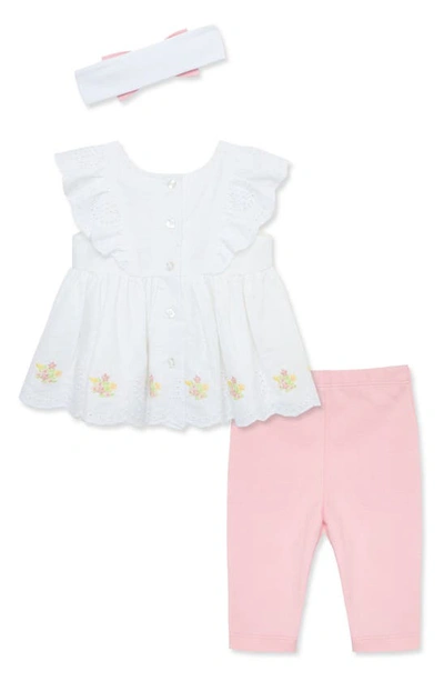 Shop Little Me Pretty Eyelet Embroidered Top, Leggings & Headband Set In Pink