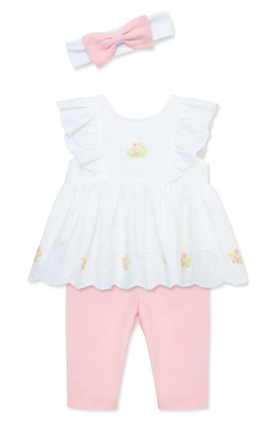 Shop Little Me Pretty Eyelet Embroidered Top, Leggings & Headband Set In Pink