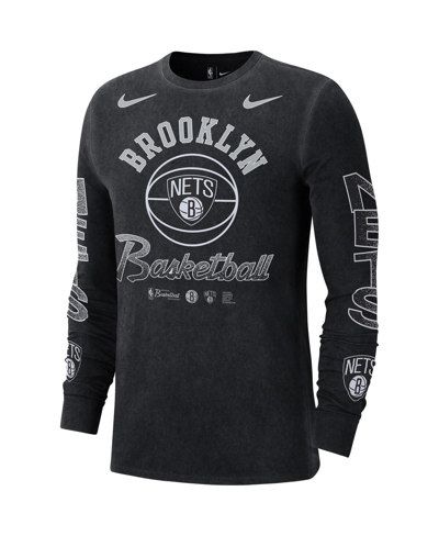 Nike Men's  Black Distressed Brooklyn Nets Courtside Retro Elevated Long Sleeve T-shirt In Black