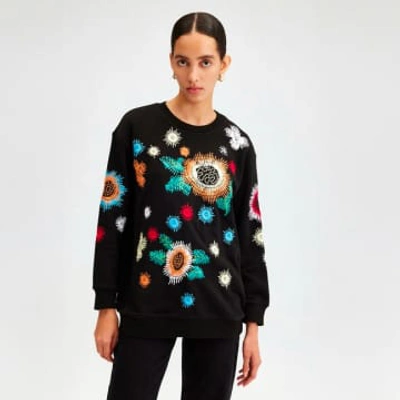 Shop Touche Prive Colourful Embroidered Black Sweatshirt