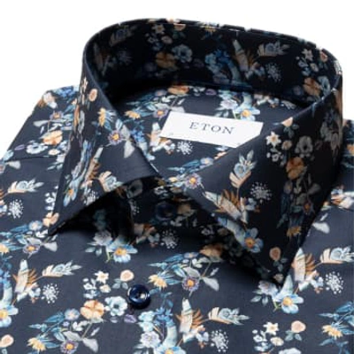 Shop Eton - Navy Blue Contemporary Fit Floral Print Twill Shirt 10001165329