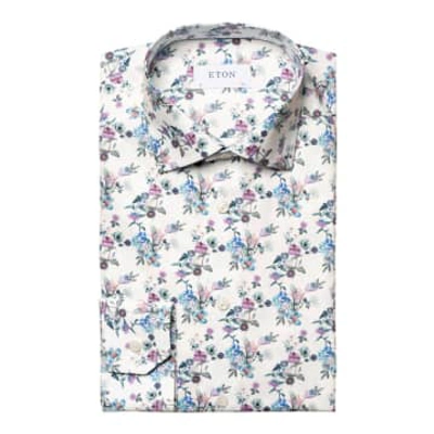 Shop Eton - White And Light Blue Contemporary Fit Floral Print Twill Shirt 10001165323