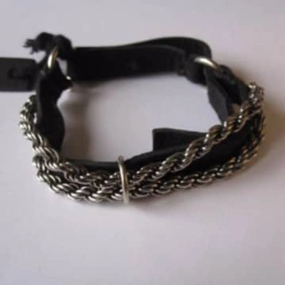 Shop Goti 925 Oxidised Silver Rope Chain And Leather Bracelet In Metallic