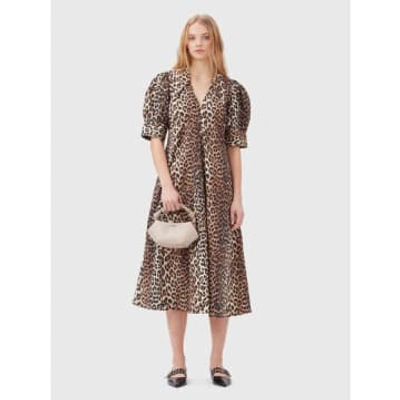 Shop Ganni Leopard Cotton Poplin V-neck Maxi Dress In Animal Print