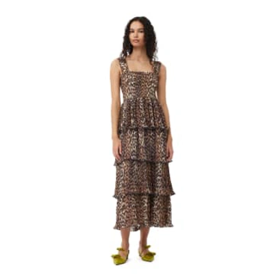Shop Ganni Leopard Georgette Smock Midi Dress In Animal Print