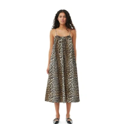 Shop Ganni Printed Cotton Midi Strap Dress In Animal Print