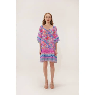 Shop Inoa Scilla Milano Print Tied Ruffle Short Dress Col: Pink Multi